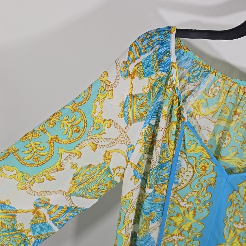 {Caché} Women’s Blouse Multicolor Tassel Print Tie Cold Shoulder Blouse - Size S - Picture 6 of 12